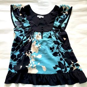 Anthropologie Ruffle blue floral sleeveless top